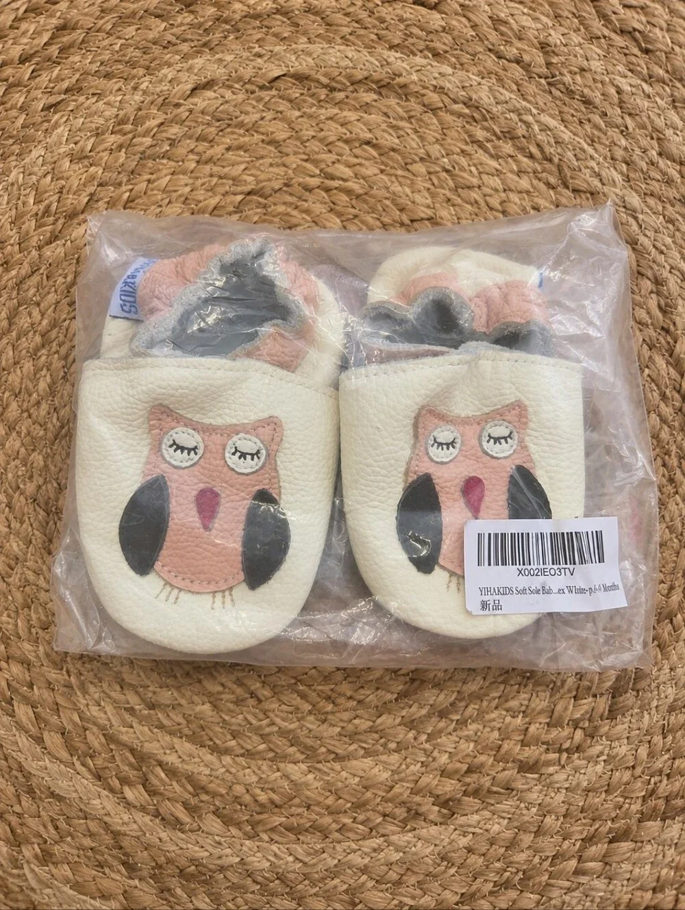 Cute!! Baby Genuine Soft Leather Cream & Pink Owl Slip-On Shoes (0-6 Months)